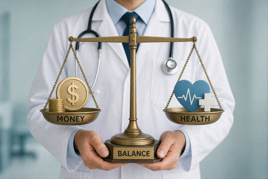 Money health balance doctor holding scales symbolizing budget balancing financial stability and access to care managing costs without compromising essential health needs