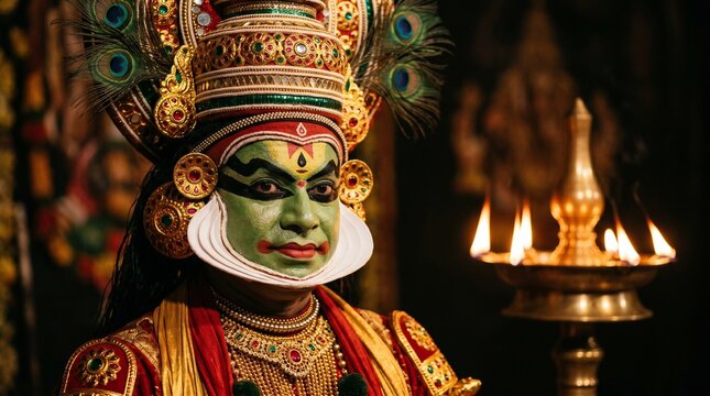 Kathakali dancer with green makeup and ornate crown near oil lamp onam festival