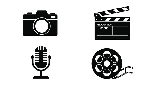 Film Production Icons Set with Camera Microphone Clapperboard Film Reel and Cinema Symbols