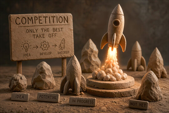 Clay rocket launching from pedestal among unfinished clay rockets with sign Competition Only the Best Take Off metaphor for idea development selection and startup success journey symbolic
