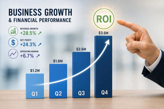 Business growth and financial performance bar chart with hand pointing at ROI over Q1 Q2 Q3 Q4 quarter revenue growth net profit operating margin metrics and rising arrow for investment return