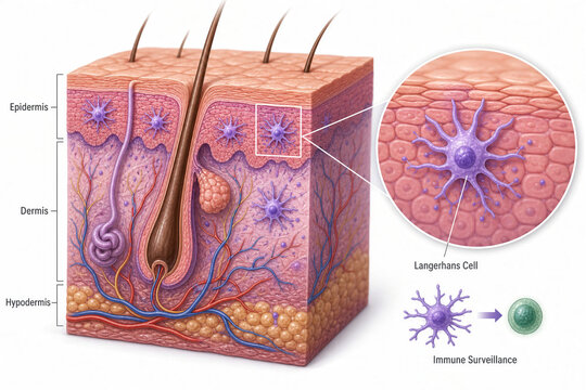 Skin immunity sentinel cells anatomy diagram showing cross section of human skin with hair follicle Langerhans cells dendritic immune surveillance epidermis dermis hypodermis