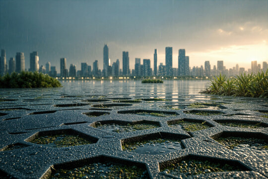 Futuristic porous pavement macro 3D render with hexagonal channels absorbing rainwater for sponge city urban resilience flood prevention sustainable architecture climate adaptation