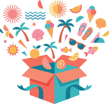Summer vacation elements exploding out of gift box vector flat illustration isolated on white background tropical holiday concept
