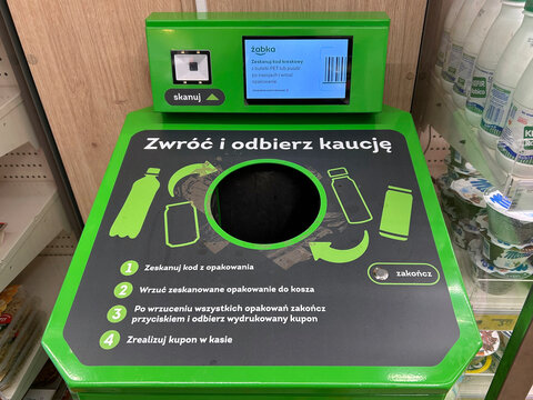 Automated recycling machine used for returning bottles and collecting deposit refunds in Gdynia, Poland April 15, 2026 