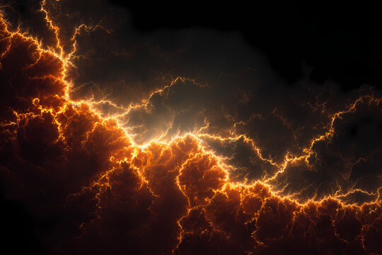 Dramatic orange lightning bolt fractal pattern across dark night sky