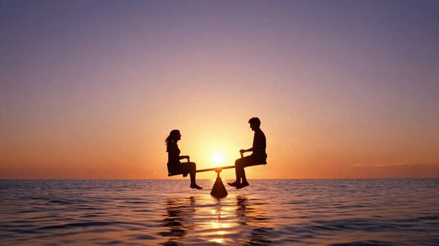Silhouette of romantic couple balancing on seesaw in the ocean at sunset. Surreal relationship psychology and equality concept. Man and woman on teeter totter in water