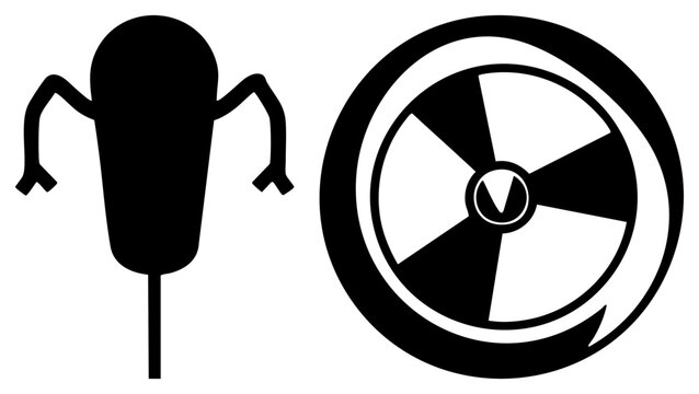 Black silhouette featuring a spooky little grey man beside a radiation warning sign. This sci fi duo includes a cosmic visitor and a trefoil emblem in a stark stencil style.