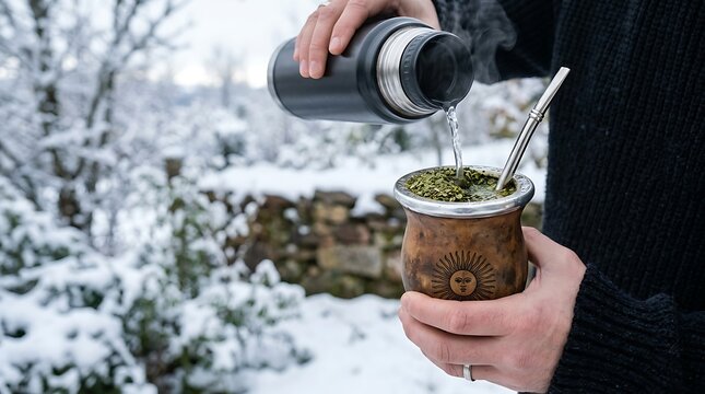 Person pouring hot water into a mate gourd in snowy winter landscape