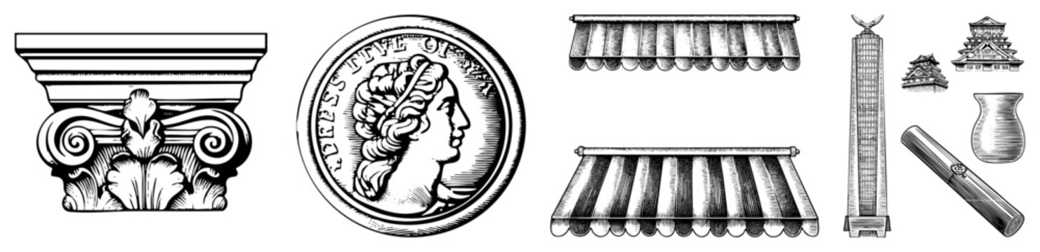 This set features a classical capital, a profile coin, and ornate awnings. These architectural sketches, including a stone pillar head and a numismatic piece, showcase fine work.