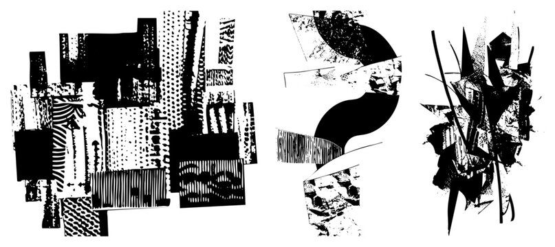 This experimental assemblage features heavy textures and ink splatters. This mixed piece uses various paper scraps and junk collage elements to create a high contrast visual impact.