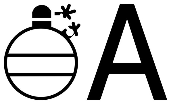 Stark stencil style explosive device known as a bomb or hand grenade sits beside a large letter A. This graphic features a clean silhouette of a round explosive and a typeface character.