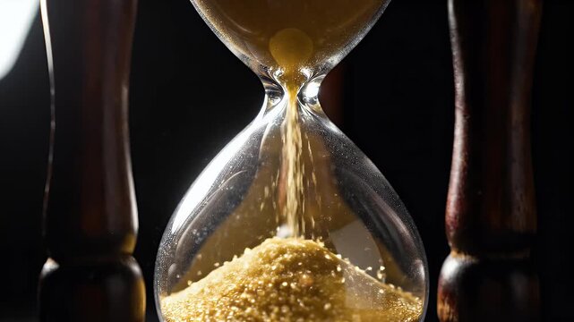 Close-up of a sand timer with golden sand flowing through its center