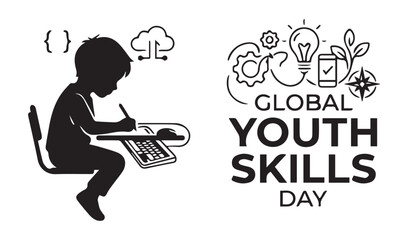 Naklejka premium Global Youth Skills Day Vector with Coding and Learning Icons