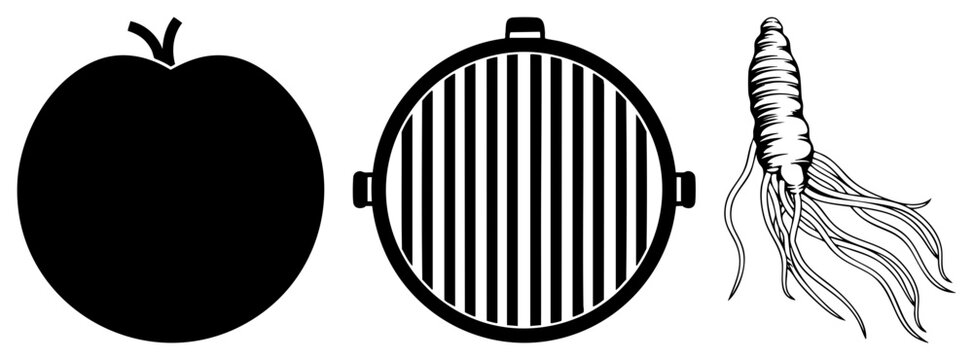Minimalist collection featuring a dark pome fruit, a circular cooking grate, and a textured root veggie. This trio includes a simple, a grill rack, and a long parsnip shape.