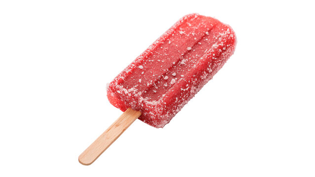 Red strawberry fruit juice popsicle bar on a wooden stick on transparent background