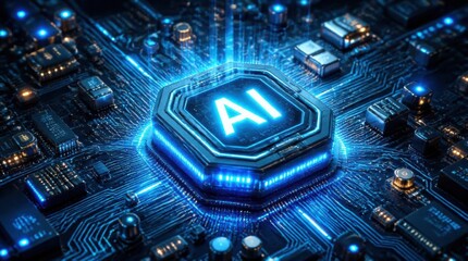Fototapeta premium Futuristic AI microchip glowing on a blue circuit board representing artificial intelligence technology.
