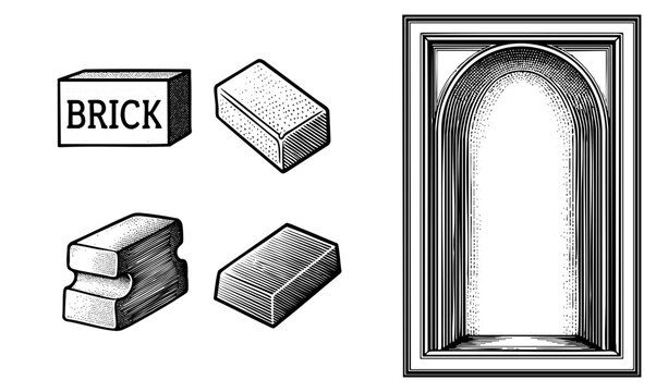 Architectural masonry components featuring a classic building block, stone slab, and decorative archway. These construction pavers and masonry bits showcase detailed hatching.