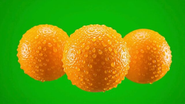 Three vibrant orange citrus fruits with refreshing water droplets showcasing freshness and healthy eating concepts isolated on a bright green background