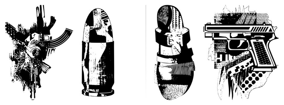 This gritty collection showcases a heavy piece of heat alongside various slugs and brass, rendered in a raw stencil style. These pieces of iron and lead feature high contrast halftone textures.