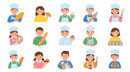 Fototapeta premium Cute Flat Cartoon Illustration Set of Young Bakers and Chefs with Baked Goods and Kitchen Tools