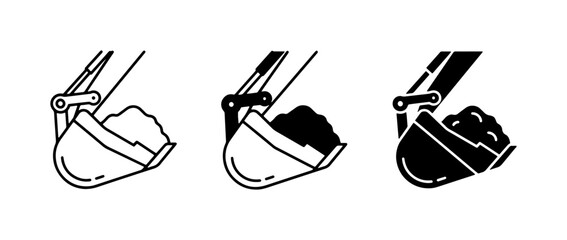 Excavator Bucket Icons, Construction Machine Digging Soil, Industrial Equipment Vector Set © Rahat