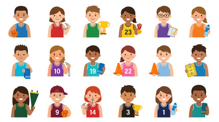 Fototapeta premium Diverse Kids Basketball Team Flat Vector Icons Set, Sports Children Illustration
