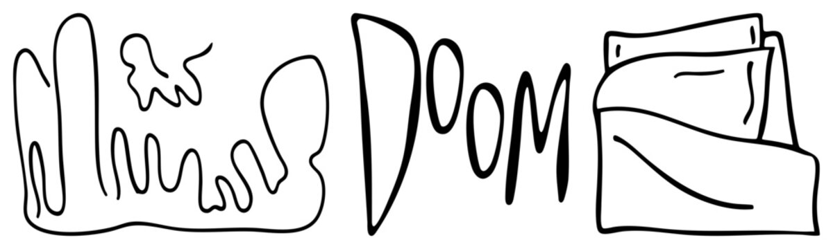 This minimalist art features a wavy doodle, also known as a squiggle or scribble, alongside the word doom in a bold hand lettered style. The composition uses thick black.
