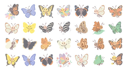 Obraz premium Cute Cartoon Butterflies Collection - Flat Design Vector Art