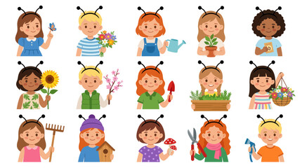 Fototapeta premium Children with Antennas and Spring Garden Theme, Flat Vector Art