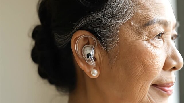 An elderly woman with a hearing aid and pearl earring looking forward with tinnitus relief