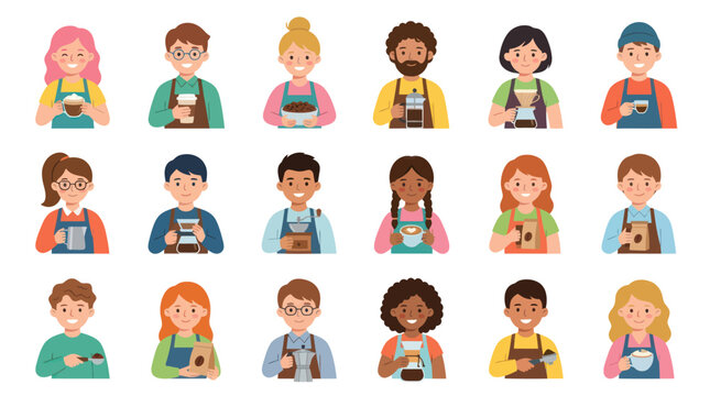 Flat Vector Illustration of Diverse Baristas and Coffee Enthusiasts. Happy People in Cafe Industry.