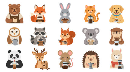 Obraz premium Cute Animals Making Coffee Flat Vector Art Icons