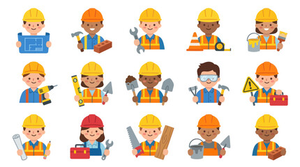 Fototapeta premium Collection of Diverse Flat Cartoon Construction Workers and Builders Characters Avatars Set with Tools, Hard Hats, and Safety Vests