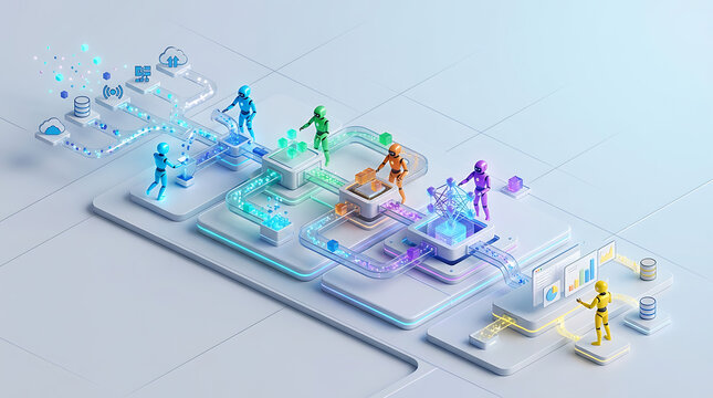 Machine learning data pipeline with multiple AI agents handling data ingestion processing and output stages in layered architecture with flowing data streams clean isometric technology illustration
