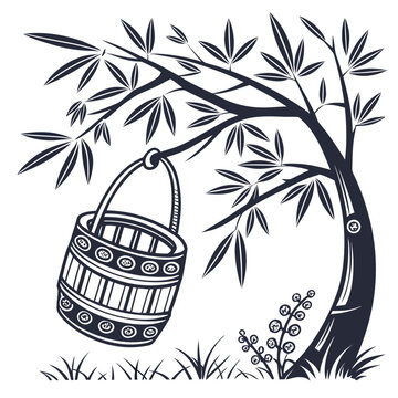 Decorative barrel hanging from a bamboo tree branch with thought provoking, decorative