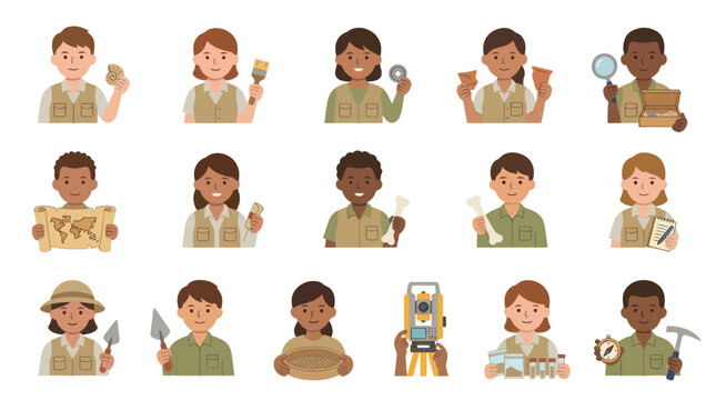 Flat Cartoon Archaeology Characters Set. Professional Researchers and Explorers with Tools and Ancient Artifacts.