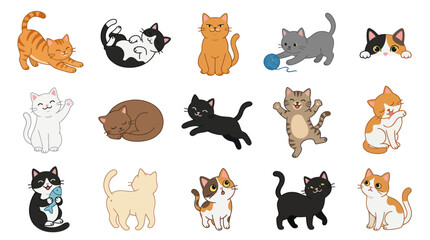 Obraz premium Cute Cartoon Cats Vector Illustration Set - Adorable Kittens in Various Poses for Pet and Animal Designs