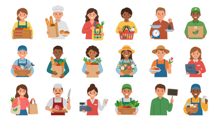 Fototapeta premium Diverse People Food Industry Professions Flat Illustration. Workers in Grocery, Agriculture, and Retail Food Sector