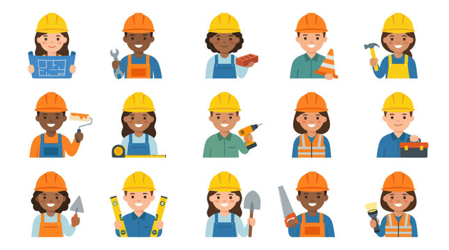 Diverse Flat Design Construction Workers Avatars with Hard Hats and Tools Vector Illustration Set