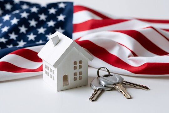 White house model and keys beside American flag on white surface.