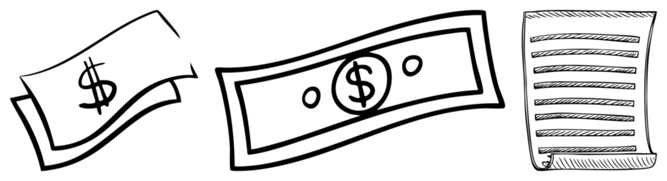 This doodle set features a floating greenback and a bank note alongside a long receipt. A crumpled bill and a paper slip are illustrated in a simple black sketch style.