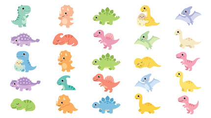 Obraz premium Cute cartoon dinosaurs, collection of baby dinosaurs illustrations, flat design style