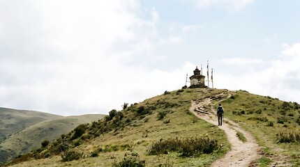 Fototapeta premium Lone hiker trekking towards a hilltop stupa in a vast landscape