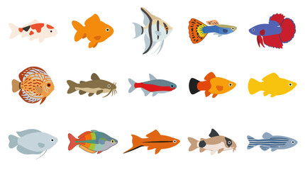 Obraz premium Flat Style Vector Illustration of Various Aquarium Fish Species, Isolated on White