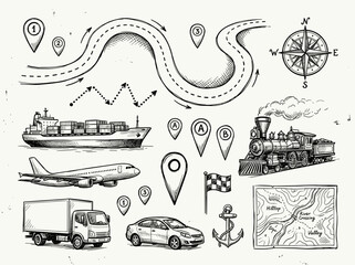 Naklejka premium Hand draw navigation icon set, road path, black ink sketch on white background, travel and ship