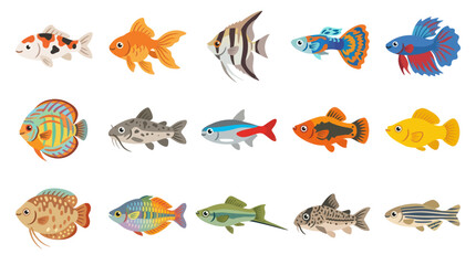 Obraz premium Flat Vector Illustration of Various Colorful Aquarium Fish for Pet and Marine Life Themes