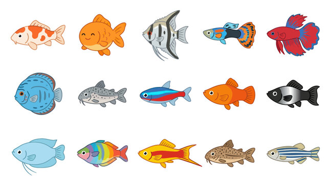 Flat Design Illustration of Colorful Aquarium Fish Collection