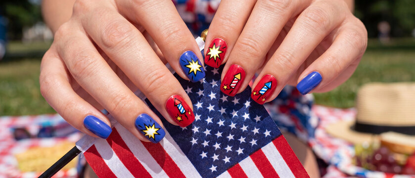 Nails manicure photo for beauty social media with red blue floral patriotic nail art