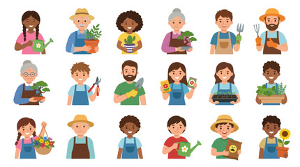 Fototapeta premium Flat Design Gardeners Plants: Diverse People Watering, Planting, and Growing
